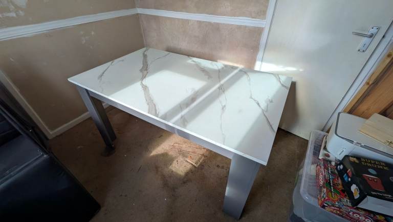 Modern White Marble Effect Dining Table and 6 Black Chairs