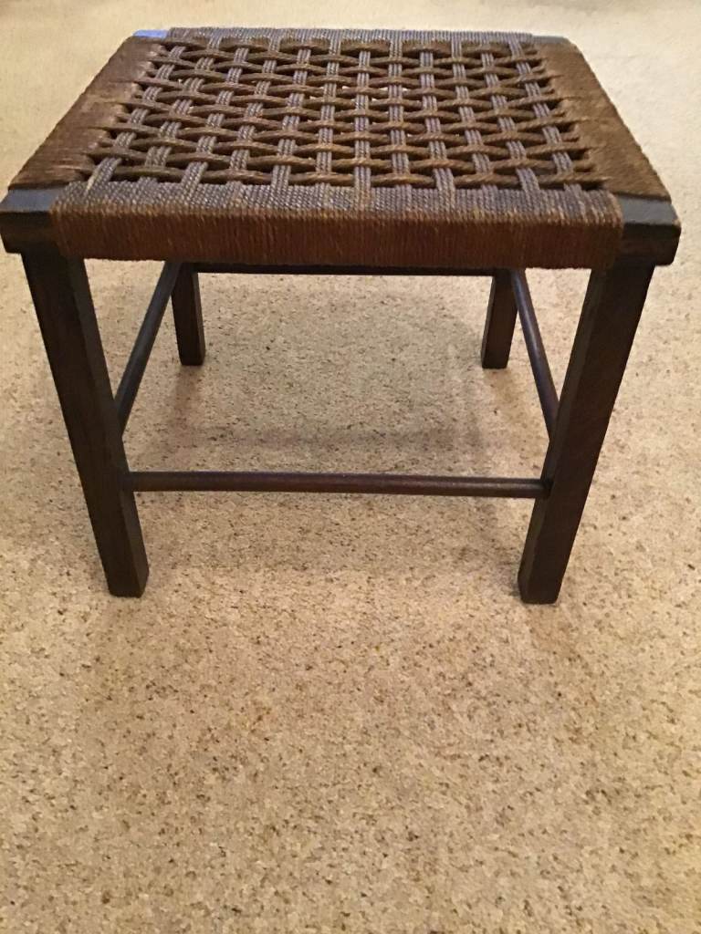 VINTAGE ROPE SEAT STOOL.  RUSTIC WOODEN WOVEN-SEAT FOOTSTOOL  