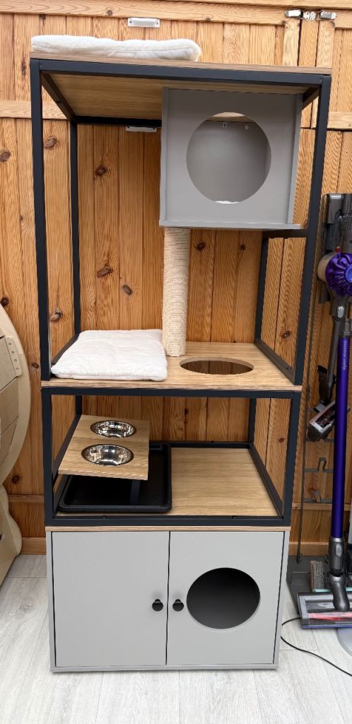 Modern Cat tree with feeding station and hidden litter box area - NEW