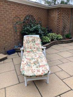 White Plastic Garden Sun Lounger with removeable Patterned Cushion