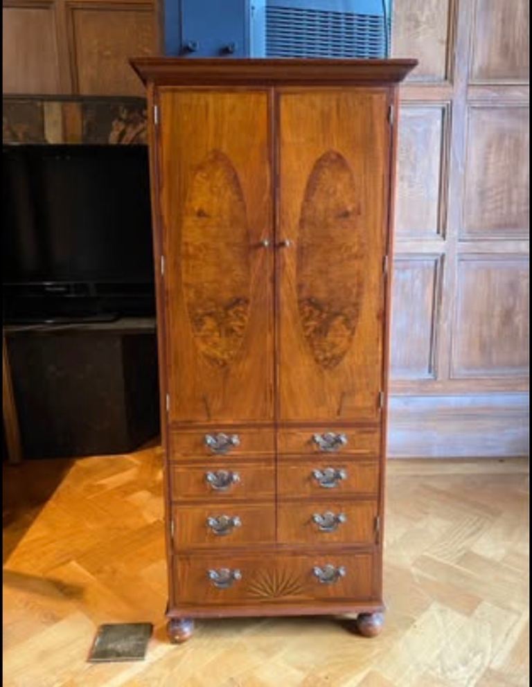 Brights of Nettlebed Burr Walnut Tall Narrow Chest / Wardrobe – Queen Anne Style