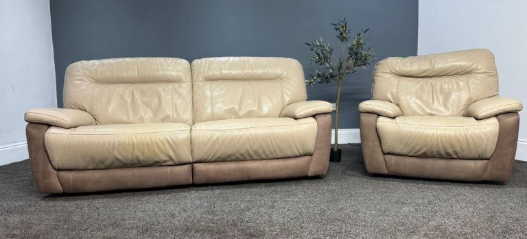 SCS Two Tone biscuit Leather & Brown Suede Fabric Power Recliner 3 Seater Sofa & Armchair  £395 