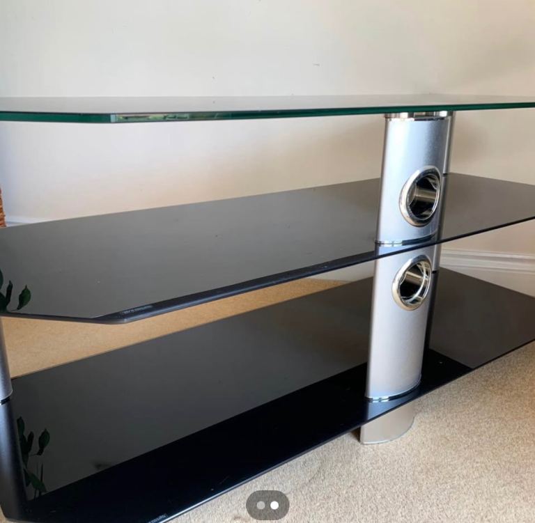 Glass TV Stand with 3 Shelves – Black and Silver