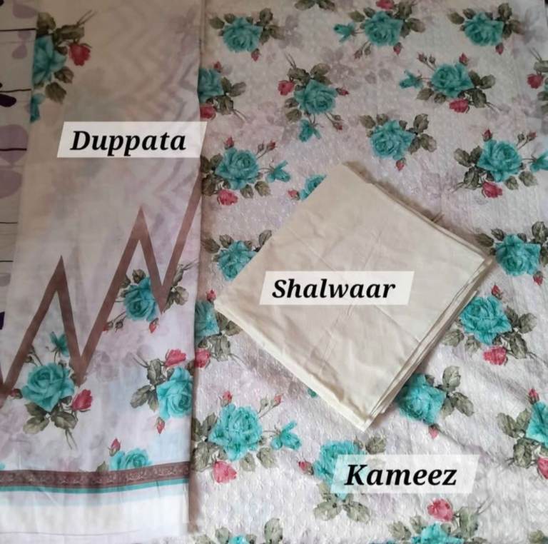 Floral Rose White Cotton 3 Piece Suit Fabric