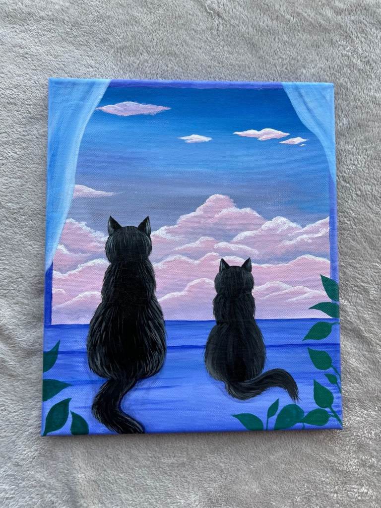Hand-Painted Two Black Cats Canvas Painting 30x25 cm by Wilorenc