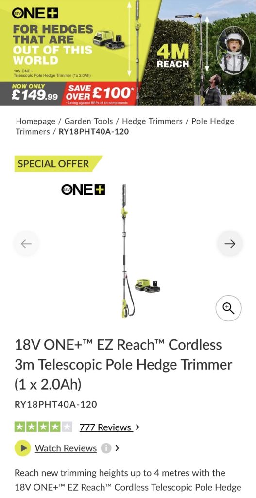 ONE+ EZ Reach Cordless 4Telescopic Pole Hedge Trimmer