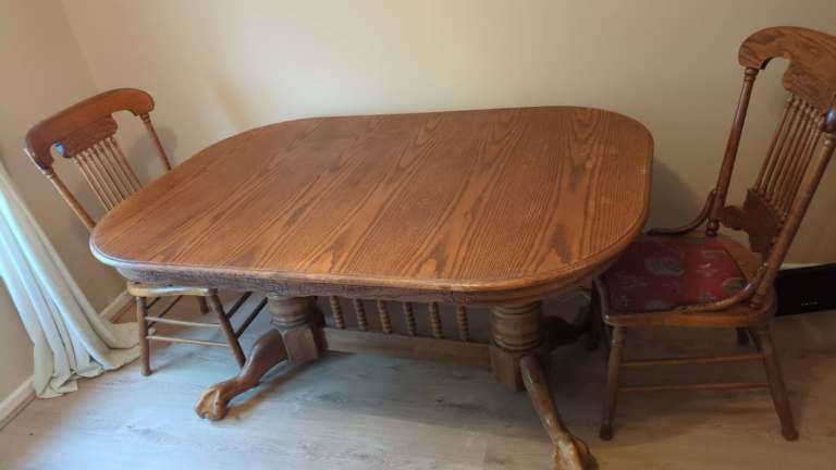 Large wooden dining table with 6 matching chairs £30