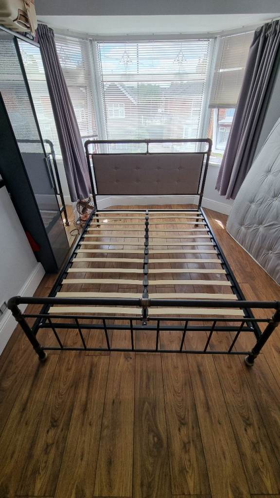 Kingsize Bed Frame – Black Metal with Upholstered Headboard