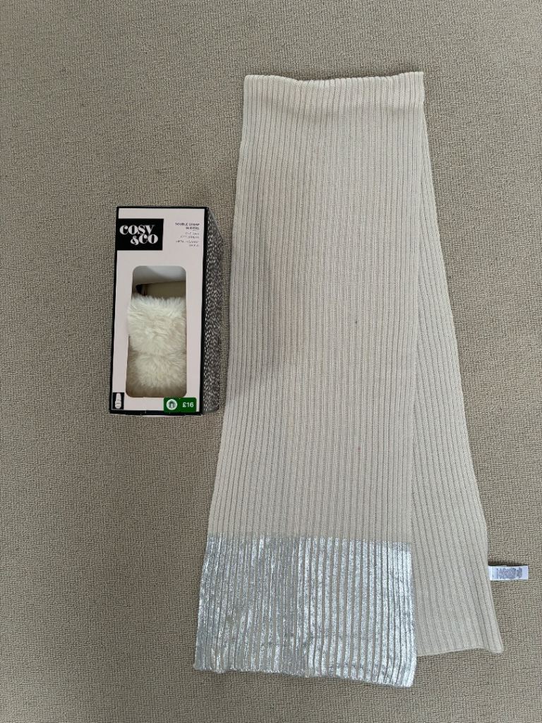 Marks & Spencer cream and silver knitted scarf and Cosy & Co faux fur sliders/slippers. New.