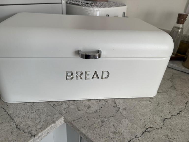 Lovely White Metal Bread Bin with Chrome Handle