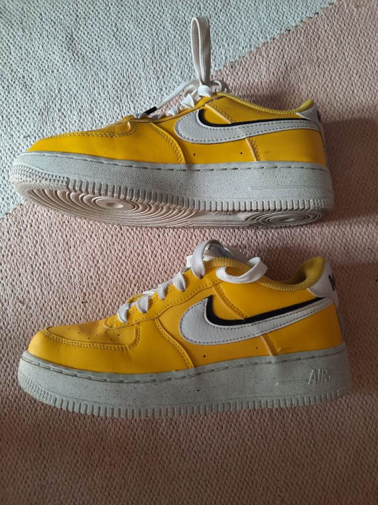 Nike Air Force One trainers yellow white swoosh with black shadow UK size 4.