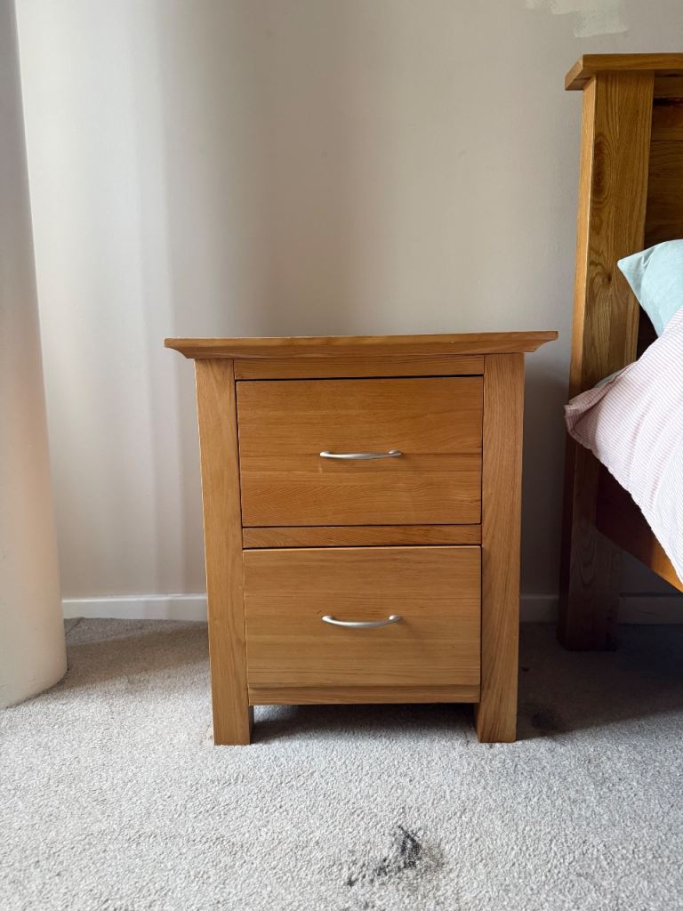 Solid Oak Bedside Table with 2 Drawers – Fair Condition