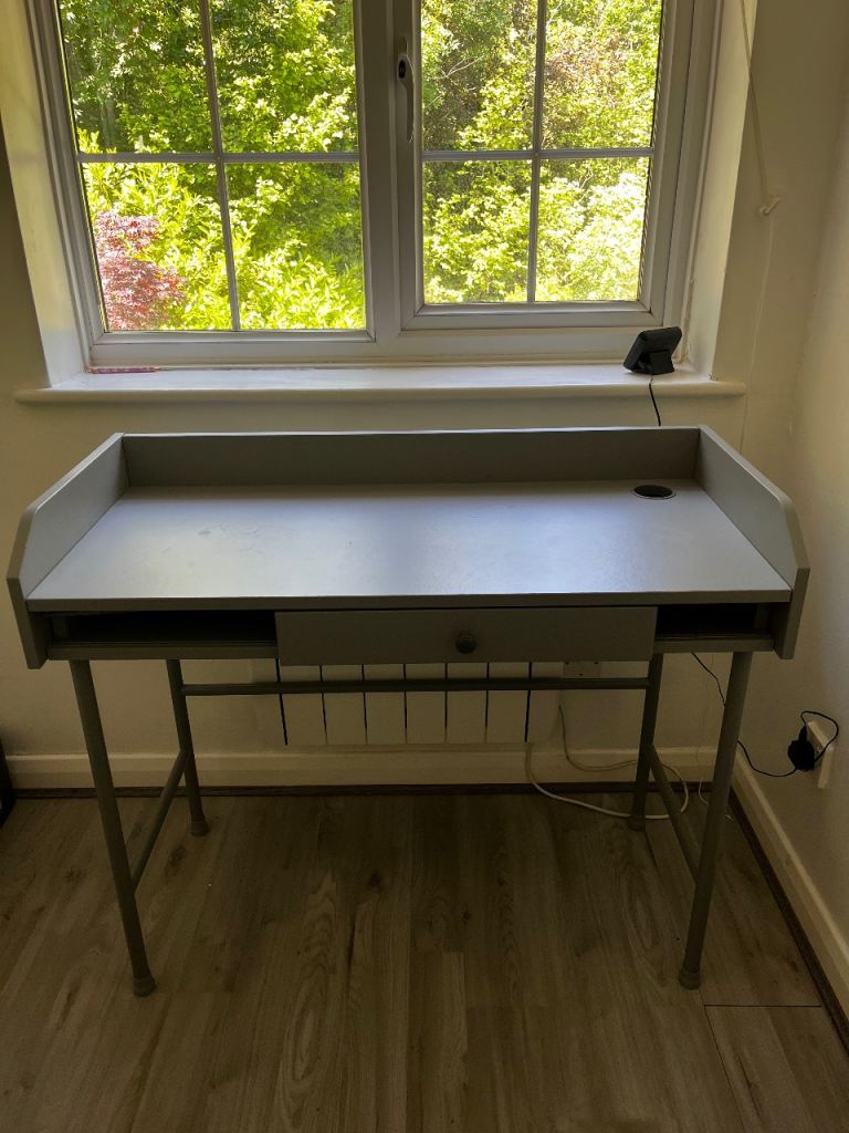 Grey Wooden Desk with Storage Shelf and Drawer – Good Condition