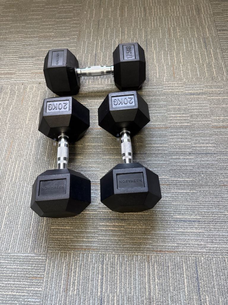 Dumbells x3 … x2 20KG ….. x1 17.5KG Brand New