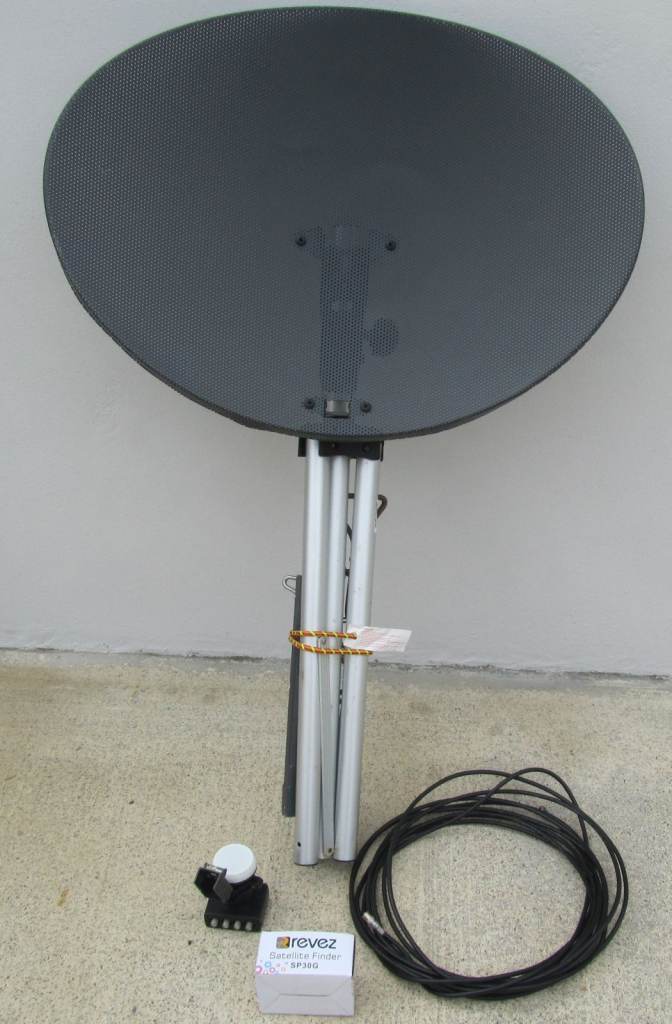 A portable satellite dish kit includes finder