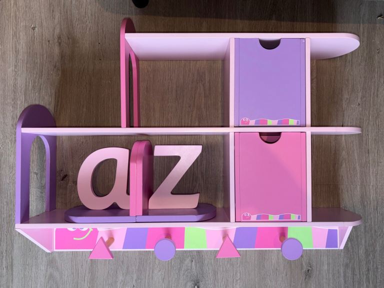 Pink Shelves with hooks and bookends