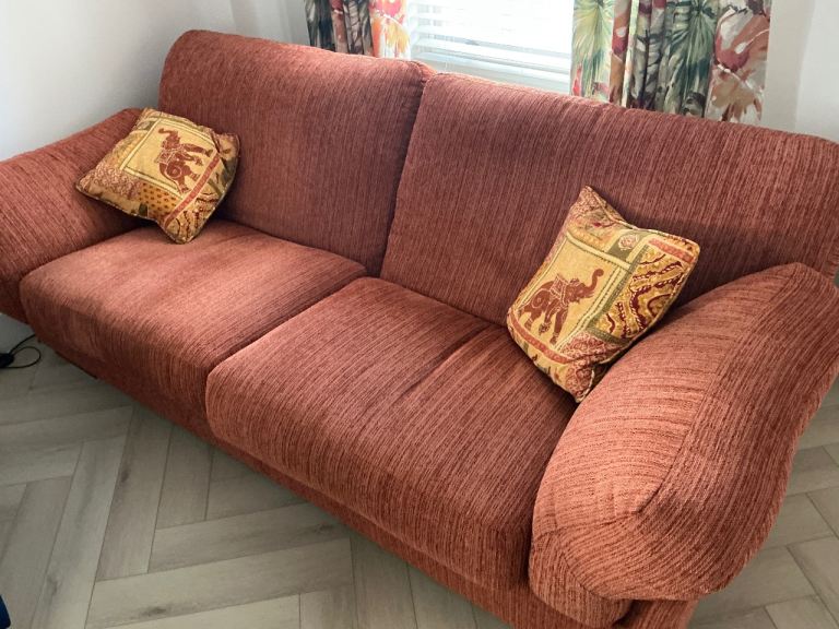 Comfortable Orange Fabric Three Seater Sofa - Good Condition
