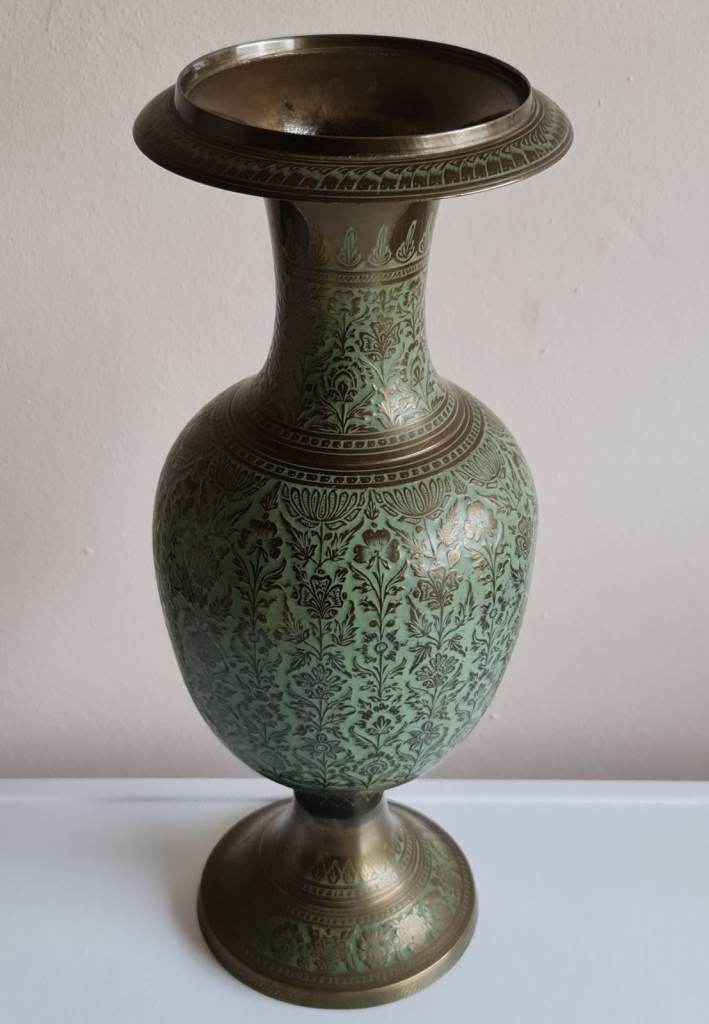Vintage Niello Green Enamel & Brass Pot Vase