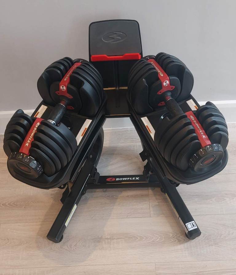 image for As new Bowflex 552i 2-24kg SelectTech adjustable dumbbells & media stand 