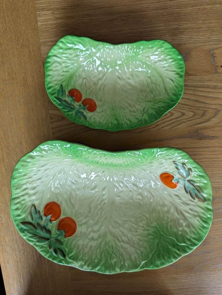 Two Vintage Rare Beswick Pottery Cabbage Leaf Bowls Majolica Tomatoes Salad Serving Kitsch