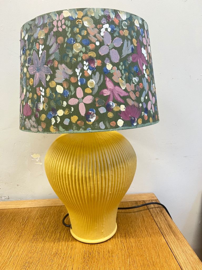 Unique Floral Lampshade and Yellow Ribbed Lamp Base