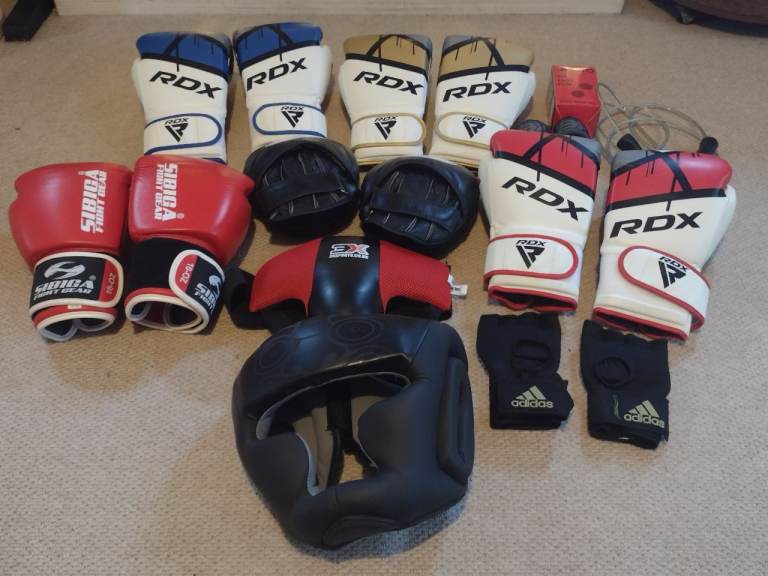 Boxing Gear Bundle: RDX Gloves, Headgear, Pads, Adidas Wraps, Head and Groin Guards
