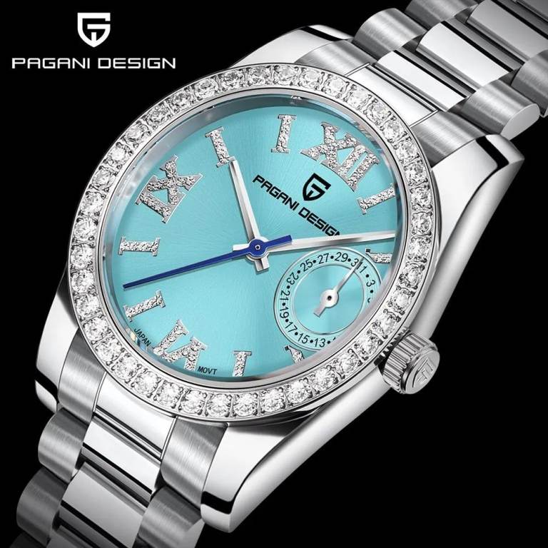 New Ladies PAGANI DESIGN PD-1776 Seiko VK6 Movement Blue Face Magnified Date Steel Bracelet Watch