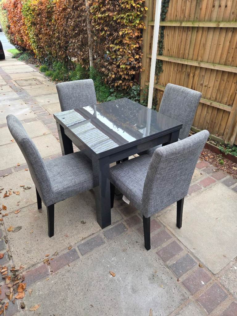 image for For sale next modern grey high gloss extending dining table paired with four grey upholstered chairs