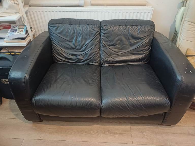 Black Leather Two-Seater Sofa – Good Condition