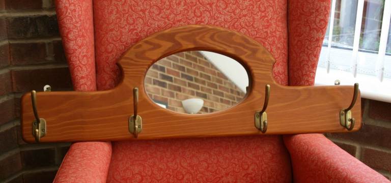 Solid Oak Coat Rack with Mirror and Brass Hooks