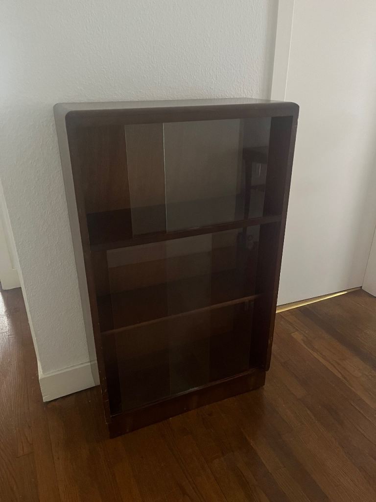 Mid Century Dark wood bookcase with glass doors