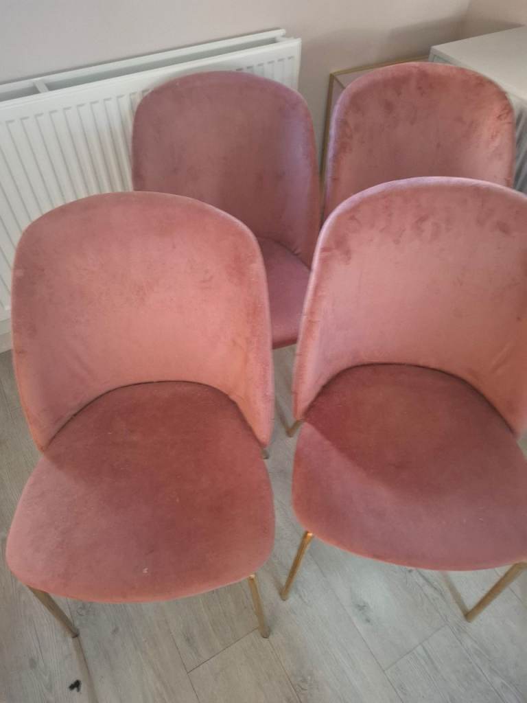 Set of 4 Pink Velvet Dining Chairs – Good Condition