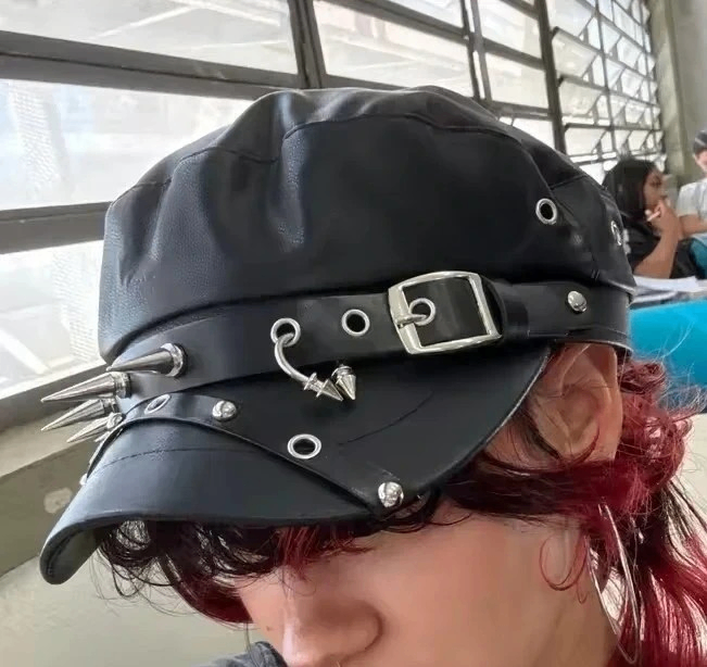 Unisex Black PU Leather Punk Sailor Hat – Rivet Buckle Military Beret – Flat Top Captain Cap