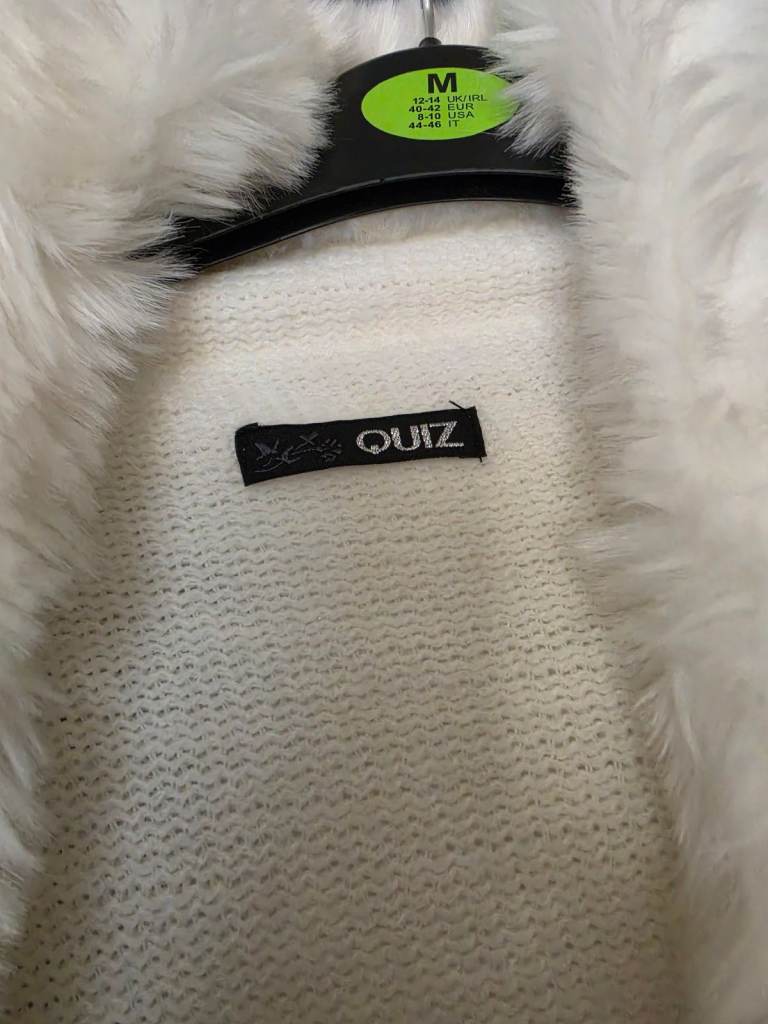 QUIZ Cream Faux Fur Collar Cardigan – Size M, Good Condition