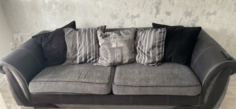 Grey and Black Fabric Sofa with Cushions – Good Condition