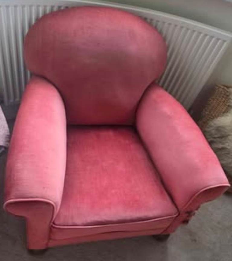 Danish Lounge Chair in rosewood fabric with rolled arms and wooden bun feet