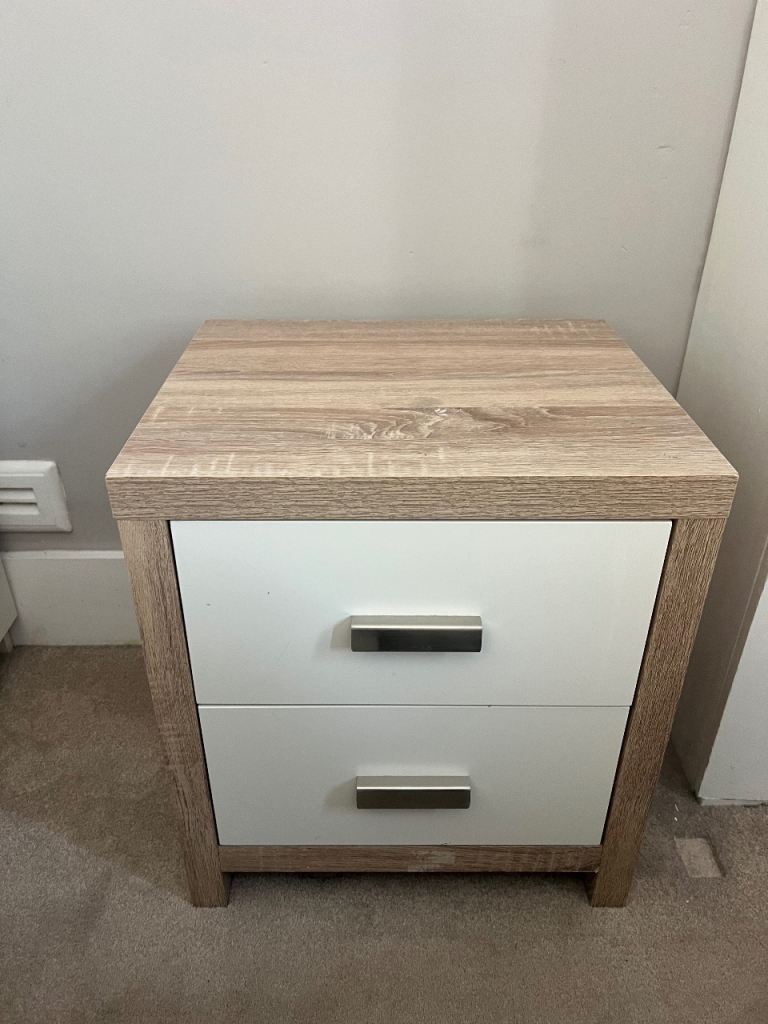 Bedside Table with Two Drawers – Brown & White - PICKUP WEEK 17-23 August.
