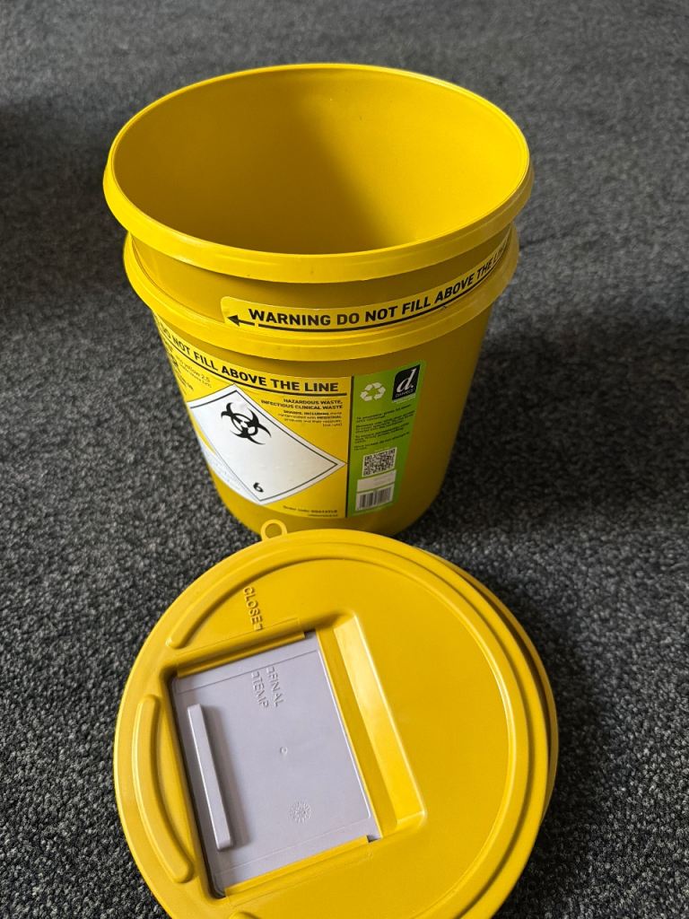 2 x new sharps bins with clinical waste bags