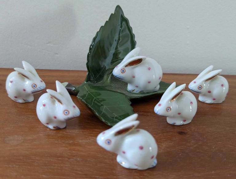 6 x Vintage HEREND of Hungary 24k Gold Trimmed Pink Polka Dot Bunnies / Rabbits. DEAL for Multiples