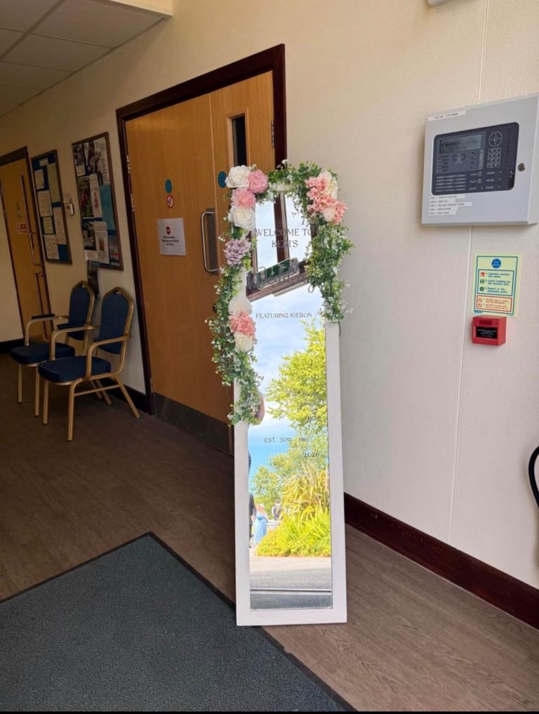 White Full-Length Wedding Mirror with Detachable Floral Garland