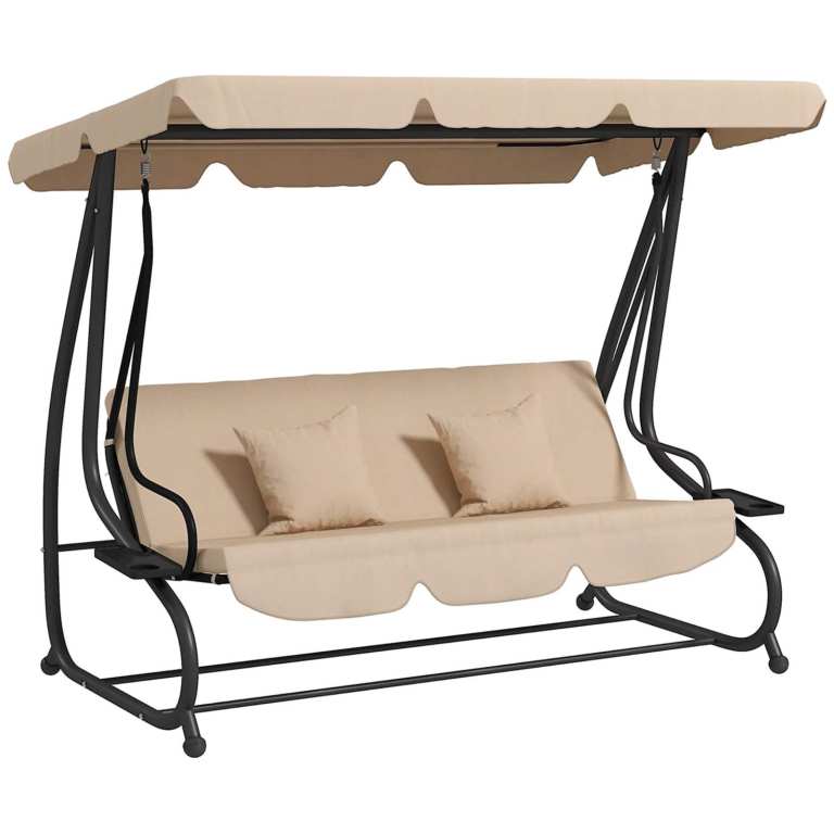 2-in-1 Garden Swing Seat Bed w/ Tilting Canopy, Cushioned Seat and 2 Pillows Light Brown
