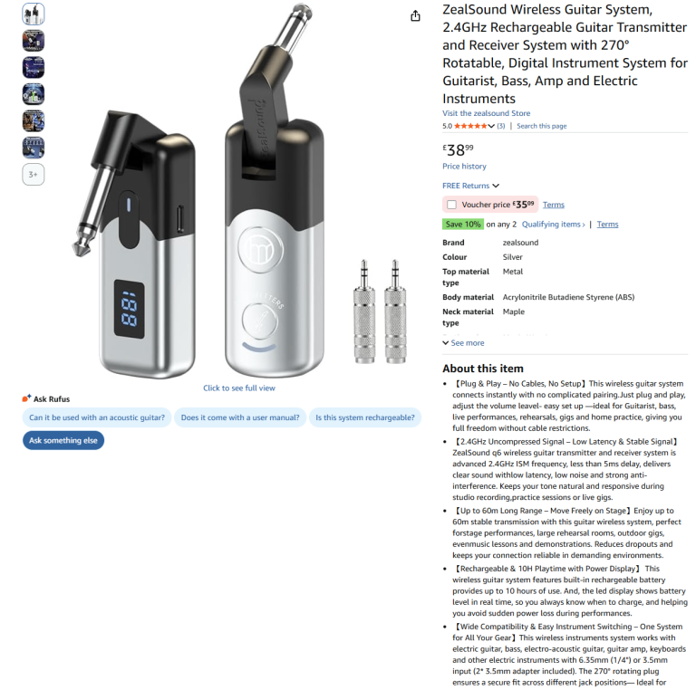 Brand New Wireless Guitar Transmitter & Receiver (Rechargeable) - Half price