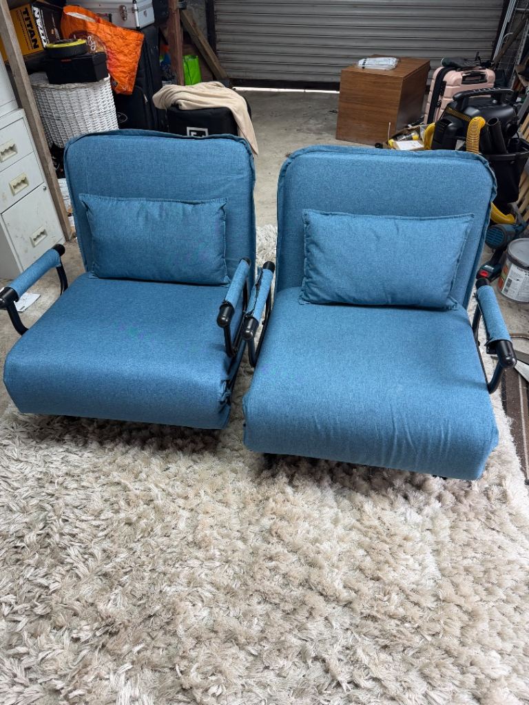 Pair of Blue Folding Floor Chairs with Armrests – Good Condition