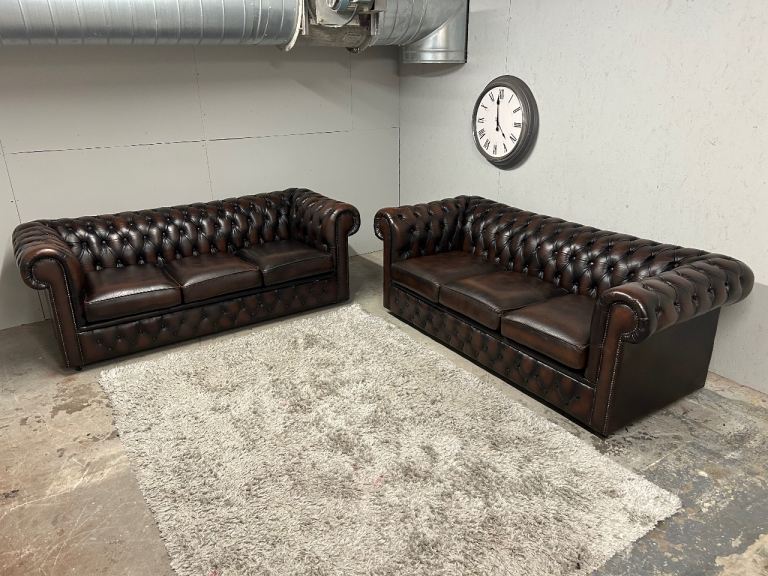 image for PAIR OF CHESTERFIELD 3 SEATER CLUB SOFAS DELIVERY AVAILABLE 