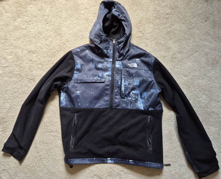 Worn Mens THE NORTH FACE hooded pullover fleece Black Blue XL good condition RRP£150