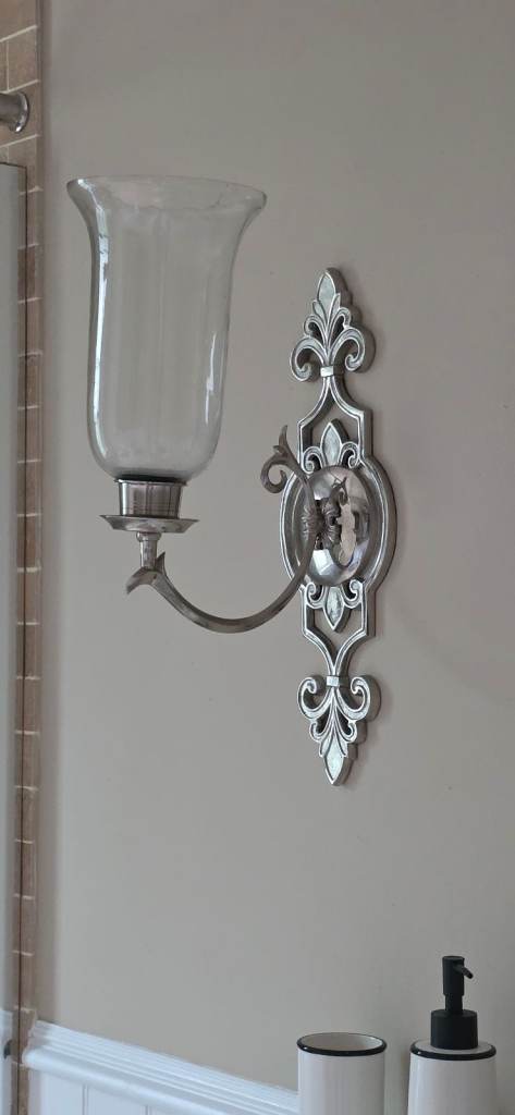 Pair of Silver Wall Sconces with Glass Shades – Good Condition