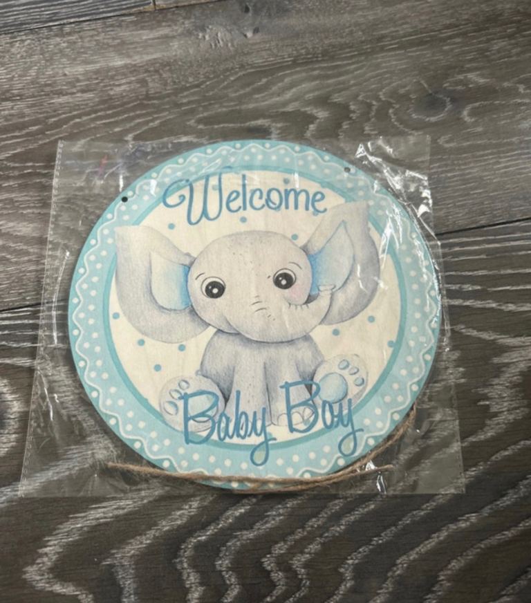 New Welcome Baby Boy Elephant Wooden Plaque