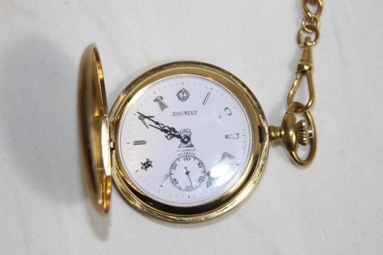 Swiss Jean Pierre Gold Plated Full Hunter Masonic Pocket Watch + Chain : Working 