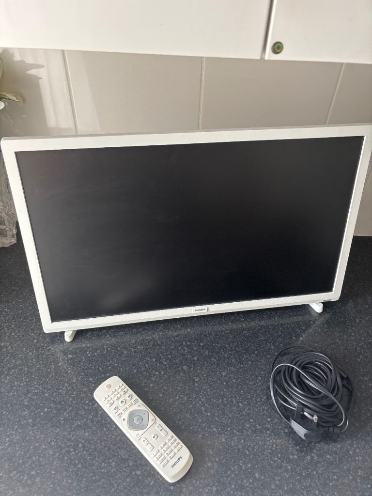 Philips White TV with Remote and Power Cable – Good Condition