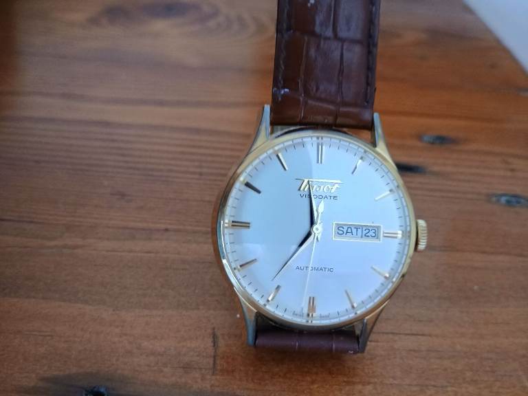 Tissot Visodate Automatic Gold Tone Watch with Brown Leather Strap